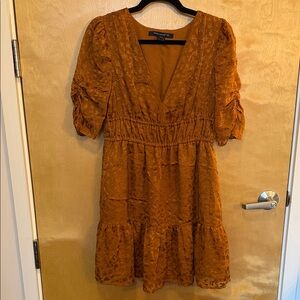 French Connection Smocked Waist V-Neck Mini Dress in Rust Size 6
